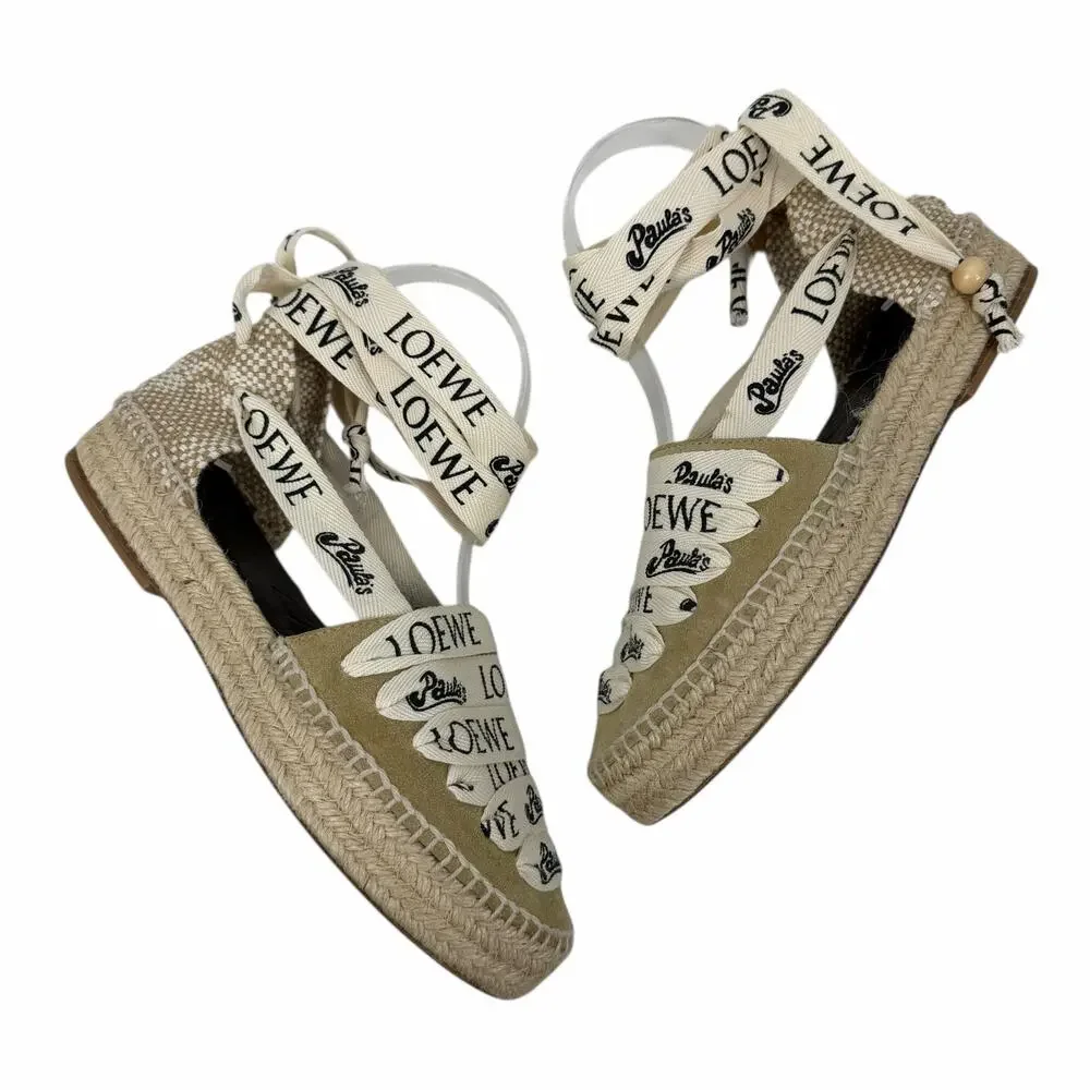 Loewe x Paula Ibiza Suede Ankle Tie Wedge Platform Espadrille Size 38